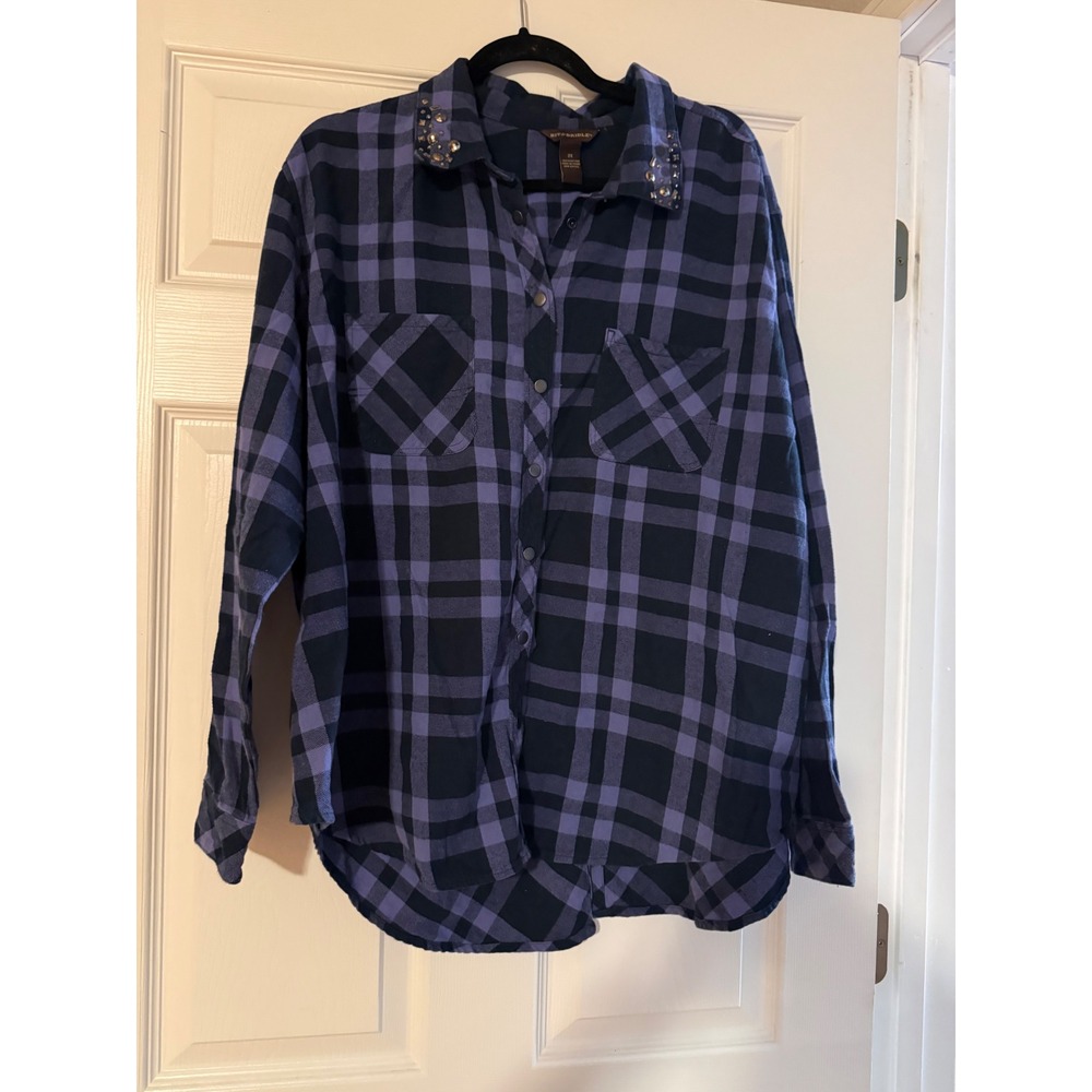 Bit & Bridle Purple Black Plaid Flannel Studded Collar Split Back Shirt 2X
